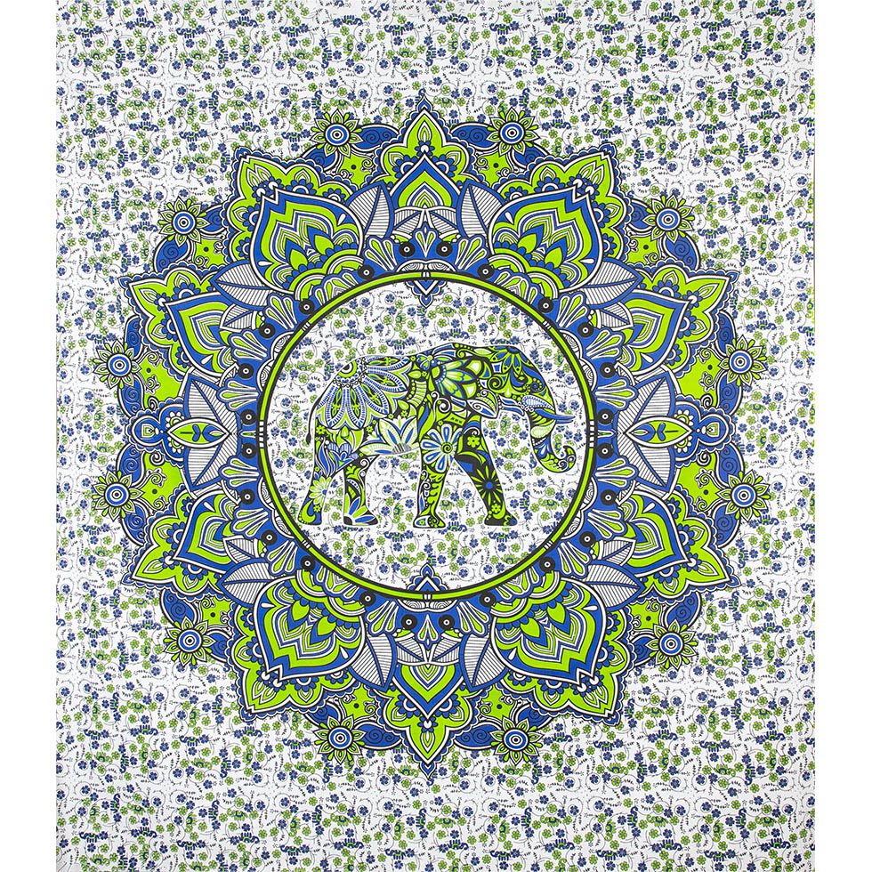 Bavlnený prehoz cez posteľ Slon v mandale - zeleno-modrý India