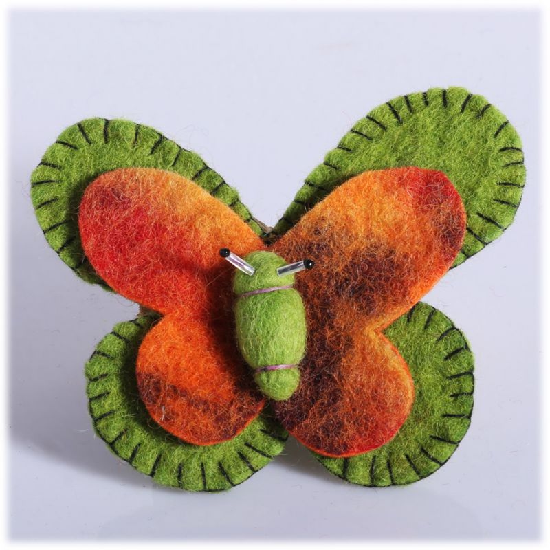 Plstená brošňa Motýľ Zeleno-oranžový